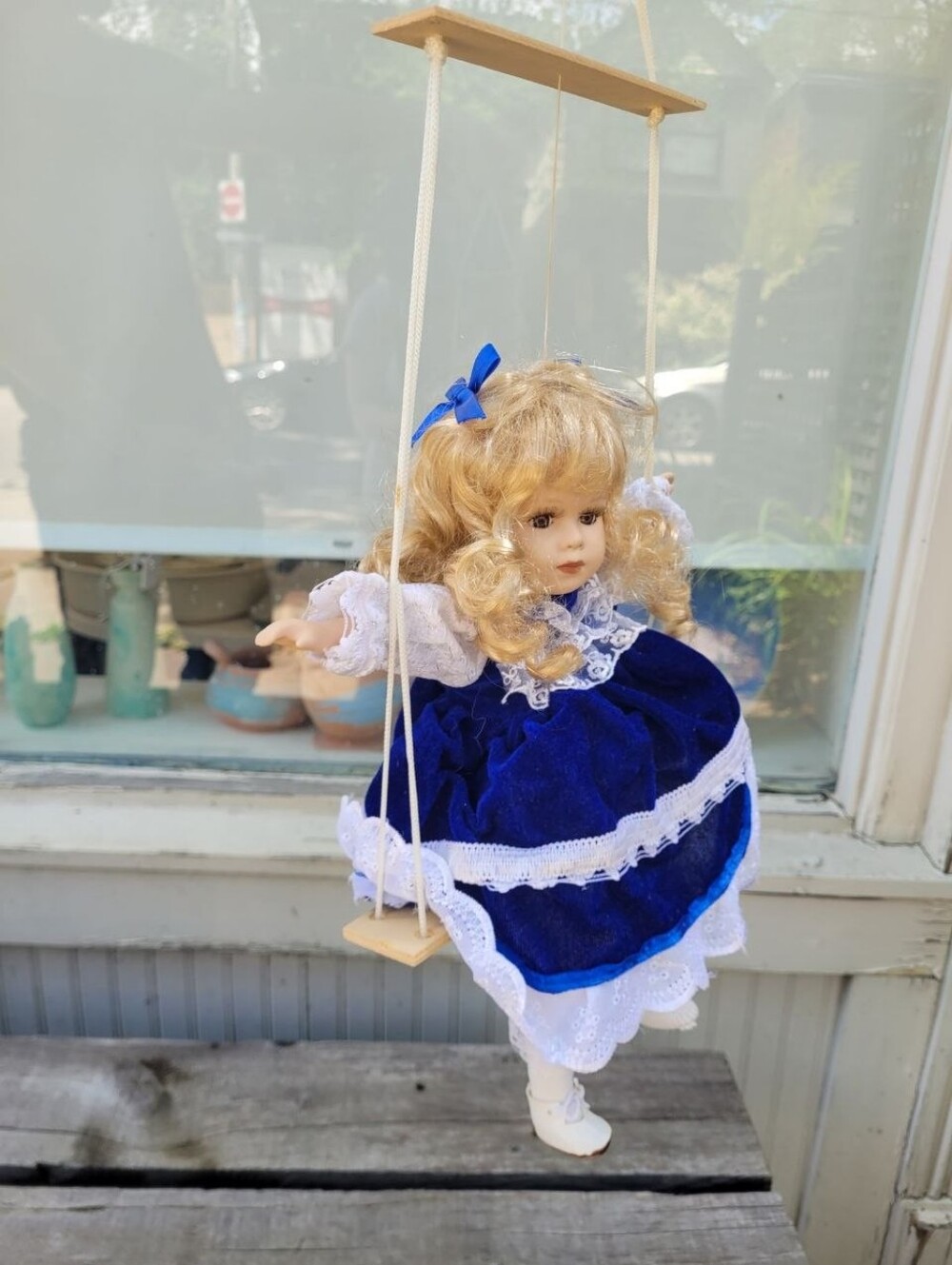 Vintage Porcelain Swing Doll Royal Blue Velvet Lace Dress Blonde Hair Co-Choice